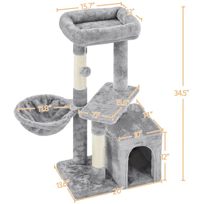 34.5" H Cat Tree Tower with Condo and Perches, Light Gray
